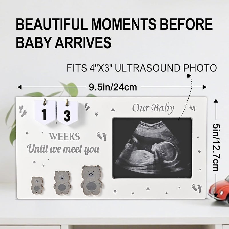 DACO MIN Pregnancy Countdown Sonogram Picture Frame with Number Cards & Newborn Handprint Kit – Bear-Themed Ultrasound Keepsake Gift for Expecting Parents & Grandparent Reveal (Grey) - Image 2